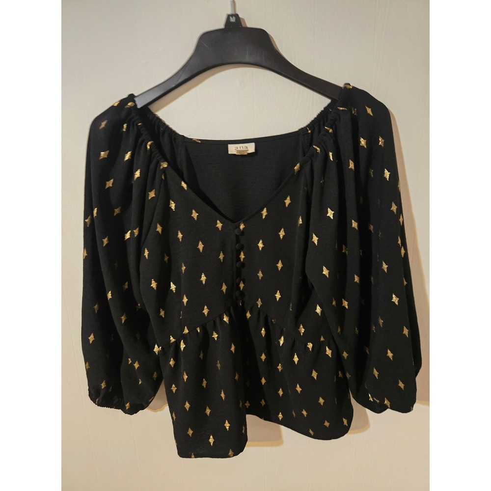 a.n.a Black Gold Metallic Diamond Peplum Blouse‎ V-Neck Puff Sleeve Small